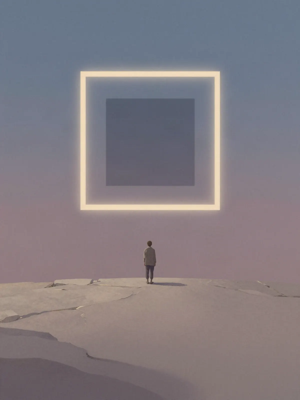 A lone figure on a pale plateau at dusk looks up at a vast floating square frame of soft light holding a darker square.