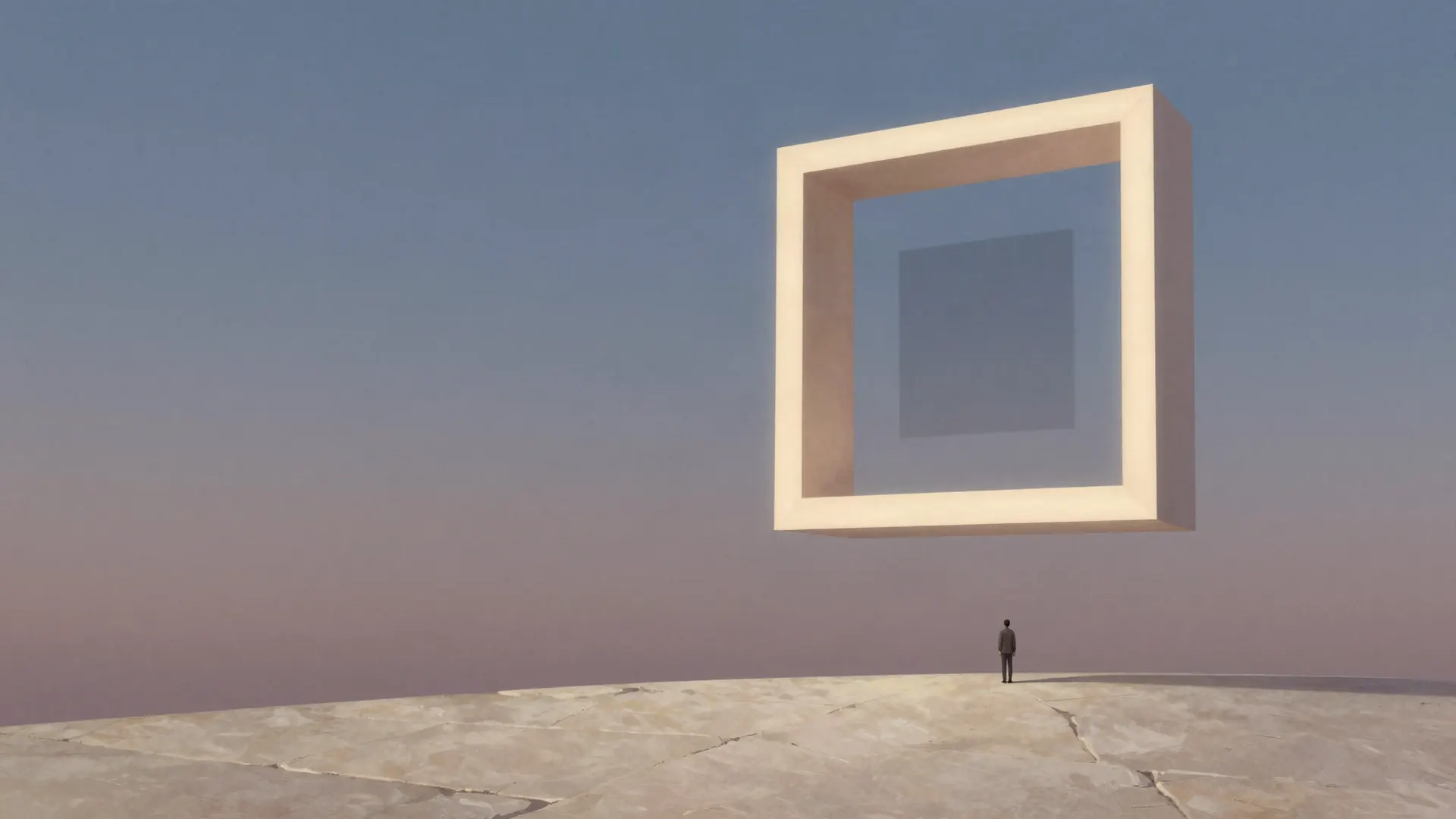 A tiny figure on a pale plateau beneath an enormous floating square frame of warm light in a dusk sky.