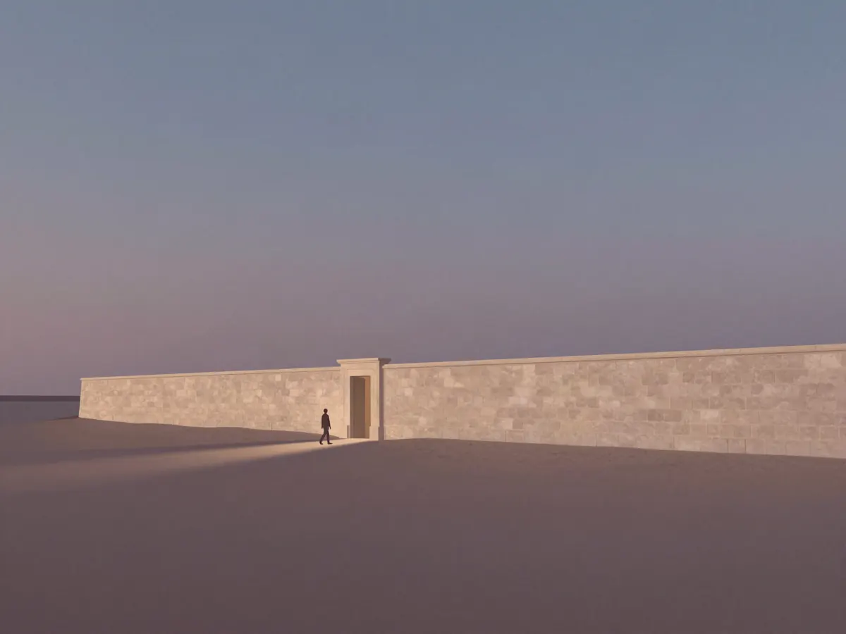 A small figure walks toward a lit doorway in a long stone wall across a dusk plain.